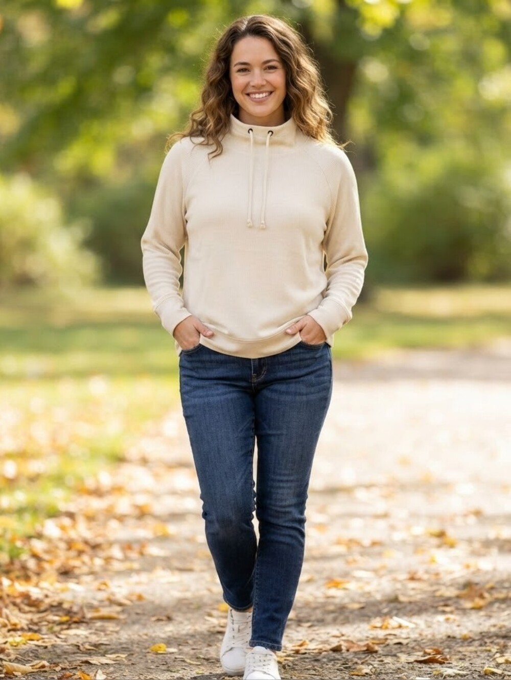 Wonderly Cream Cowl Mock Neck Drawstring Waffle Pullover Sweatshirt – XL